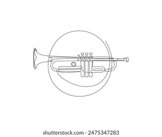 Continuous one line drawing of trumpet. One line drawing illustration of trumpet. Musical instrument concept singe line. Editable outline.
