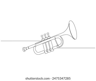 Continuous one line drawing of trumpet. One line drawing illustration of trumpet. Musical instrument concept singe line. Editable outline.
