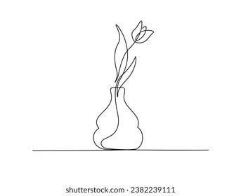 Continuous one line drawing of tulip flower in vase. single line tulip flower vector illustration.