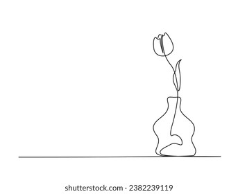 Continuous one line drawing of tulip flower in vase. single line tulip flower vector illustration.