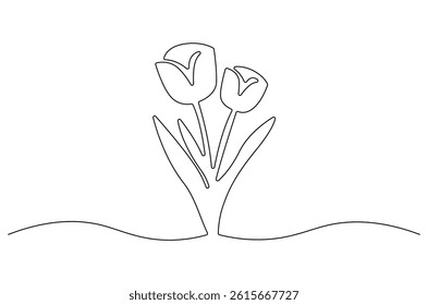 Continuous one line drawing of Tulip. Single line drawing illustration of Flower tulip. Minimalist tulip flower concept vector art. Doodle line illustration