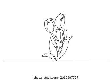 Continuous one line drawing of Tulip. Single line drawing illustration of Flower tulip. Minimalist tulip flower concept vector art. Doodle line illustration