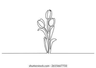 Continuous one line drawing of Tulip. Single line drawing illustration of Flower tulip. Minimalist tulip flower concept vector art. Doodle line illustration