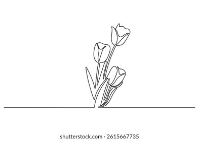 Continuous one line drawing of Tulip. Single line drawing illustration of Flower tulip. Minimalist tulip flower concept vector art. Doodle line illustration