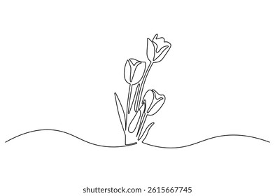 Continuous one line drawing of Tulip. Single line drawing illustration of Flower tulip. Minimalist tulip flower concept vector art. Doodle line illustration
