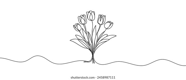 Continuous one line drawing tulips. Spring concept. Single line draw design vector illustration