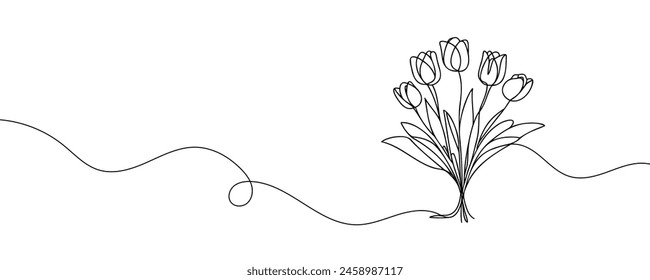 Continuous one line drawing tulips. Spring concept. Single line draw design vector illustration