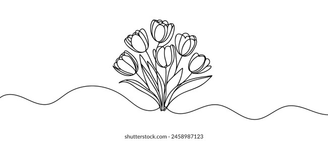 Continuous one line drawing tulips. Spring concept. Single line draw design vector illustration