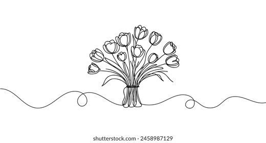 Continuous one line drawing tulips. Spring concept. Single line draw design vector illustration