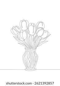 Desenho contínuo de uma linha de tulipas em um vaso. Ilustração floral minimalista em estilo moderno de arte de linha única, perfeito para decoração botânica, cartões de felicitações ou elementos de design. Traçado editável