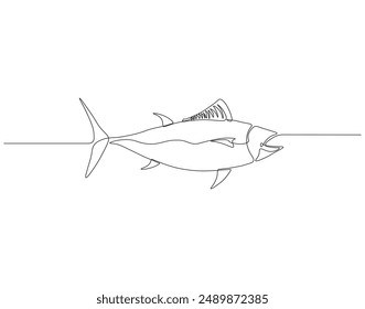 Continuous one line drawing of tuna. One line drawing illustration of tuna fish. Marine animal concept continuous line art. Editable outline.