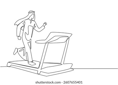 Continuous one line drawing turbaned arab man running on treadmill with heart impulse. Maintain health. Sport. National Employee Health and Fitness Day. Single line draw design vector illustration
