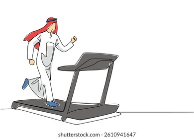 Continuous one line drawing turbaned arab man running on treadmill with heart impulse. Maintain health. Sport. National Employee Health and Fitness Day. Single line draw design vector illustration