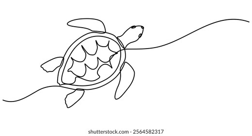 Continuous one line drawing of turtle. Simple illustration of tortoise line art vector illustration, Continuous one line hand drawn of a Leatherback turtle swimming in the Turquoise color sea water. 