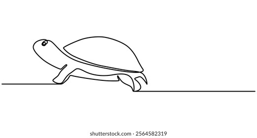 Continuous one line drawing of turtle. Simple illustration of tortoise line art vector illustration, Continuous one line hand drawn of a Leatherback turtle swimming in the Turquoise color sea water. 