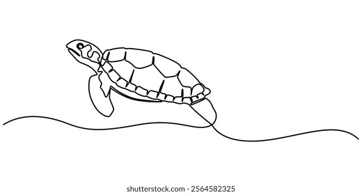 Continuous one line drawing of turtle. Simple illustration of tortoise line art vector illustration, Continuous one line hand drawn of a Leatherback turtle swimming in the Turquoise color sea water. 