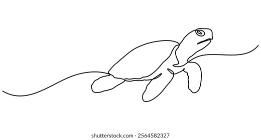 Continuous one line drawing of turtle. Simple illustration of tortoise line art vector illustration, Continuous one line hand drawn of a Leatherback turtle swimming in the Turquoise color sea water. 