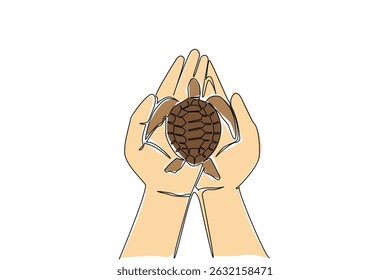 Continuous one line drawing the turtle is placed on two palms. Releasing newborn turtles into nature. Return it to its natural habitat. World Turtle Day. Single line draw design vector illustration