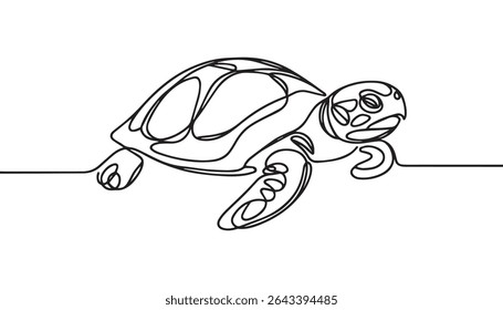 Continuous one line drawing of turtle. Simple illustration of tortoise line art vector illustration, Continuous one line hand drawn of a Leatherback turtle swimming in the Turquoise color sea water.