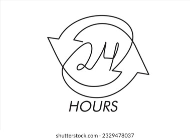 Continuous one line drawing of Twenty four hour with arrows loop , 24 hours cyclic sign, Opened order execution or delivery, All day business and service, Vector design illustration