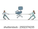 Continuous one line drawing two businesswomen fighting over office chair. Competition for worthy positions in the company. Fight for power. Personal gain. Single line draw design vector illustration