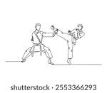 Continuous one line drawing of two figther practicing fight karate combat in the dojo. Taekwondo , karate, asian martial art sport illustration. Editable vector. 