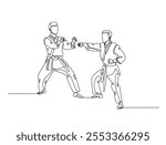 Continuous one line drawing of two figther practicing fight karate combat in the dojo. Taekwondo , karate, asian martial art sport illustration. Editable vector. 