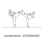 Continuous one line drawing of two figther practicing fight karate combat in the dojo. Taekwondo , karate, asian martial art sport illustration. Editable vector. 