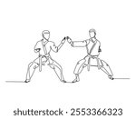 Continuous one line drawing of two figther practicing fight karate combat in the dojo. Taekwondo , karate, asian martial art sport illustration. Editable vector. 