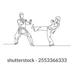 Continuous one line drawing of two figther practicing fight karate combat in the dojo. Taekwondo , karate, asian martial art sport illustration. Editable vector. 