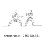 Continuous one line drawing of two figther practicing fight karate combat in the dojo. Taekwondo , karate, asian martial art sport illustration. Editable vector. 