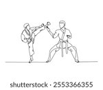 Continuous one line drawing of two figther practicing fight karate combat in the dojo. Taekwondo , karate, asian martial art sport illustration. Editable vector. 