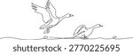 Continuous one line drawing of two geese taking off from the water. One goose is in flight with wings spread wide. one line Icon drawing
