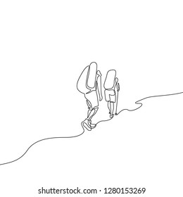 Continuous one line drawing two travelers hiking