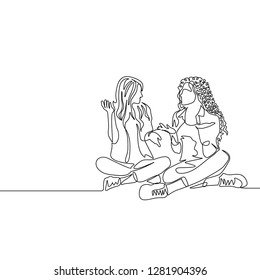 Continuous one line drawing two womans sitting cross-legged and talking 