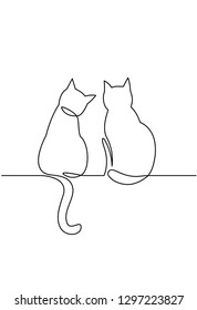 Continuous one line drawing of two happy cats silhouettes. Simple ink drawing sitting cats cute vector illustration. Doodle animals icons minimalistic line art.