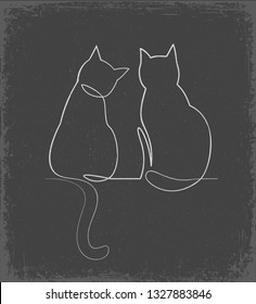 Continuous one line drawing of two happy cats hand drawn silhouette clipart. Simple ink drawing sitting cat cute vector illustration. Doodle animals icons minimalistic chalk doodle on grey background