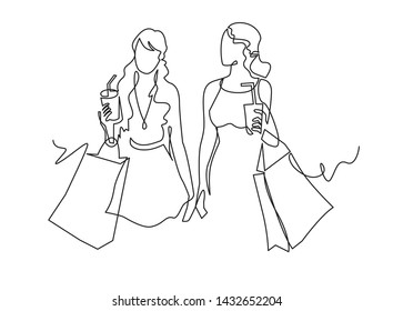 Continuous one line drawing two woman with shopping bags in their hands. Fashion girls with paper glass of coffee walking down the street. Female friend vector clip art isolated on white background