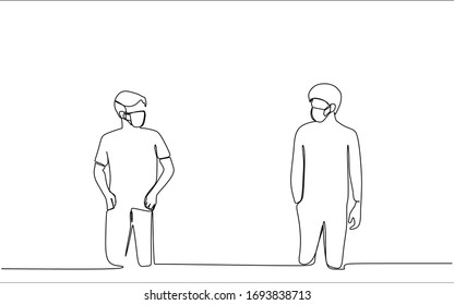 Continuous One Line Drawing Of Two People Doing Social Distancing To Prevent The Spreading Of Covid-19