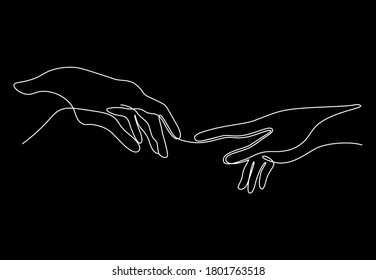 Continuous one line drawing of two hands barely touching each other. Black and white simple sketch of two hands for logo, posters, wall art, love concept. Vector illustration
