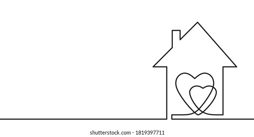 Continuous one line drawing Two hearts inside house, Love and family symbol. Minimalist contour vector illustration made of single thin line
