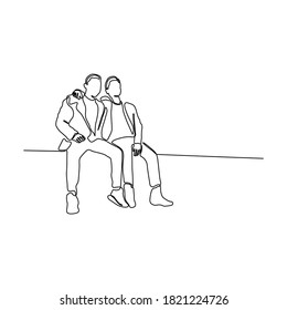 Continuous one line drawing of two men sitting and talking