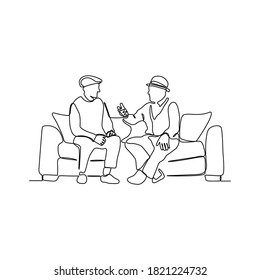 Continuous one line drawing of two men sitting and talking