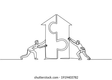 Continuous One Line Drawing Two Young Handsome Male Workers Pushing Arrow Shape Puzzle To Unite. Successful Teamwork Minimalist Concept. Trendy Single Line Draw Design Vector Graphic Illustration