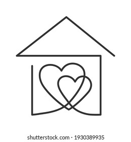 Continuous one line drawing of two hearts inside house, meaning care and love in family.  Vector illustration