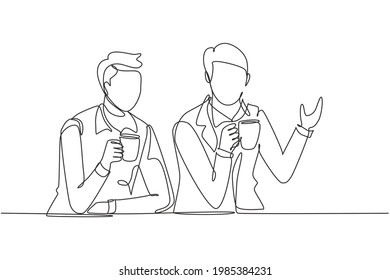 Continuous one line drawing two young men sitting over a cup of coffee and talking about work plans in the office. Success lifestyle concept. Single line draw design vector graphic illustration