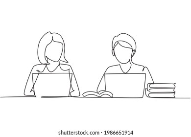 Continuous one line drawing two young woman studying with laptop and pile of books. Back to school, intelligent students, online education concept. Single line draw design vector graphic illustration