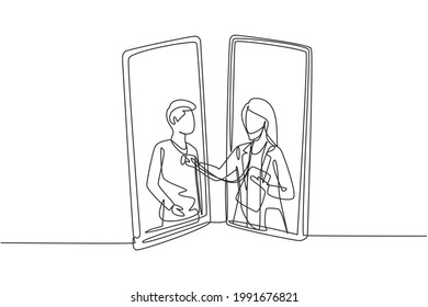 Continuous one line drawing two smartphones facing each other with female doctor checking heart rate of male patient using stethoscope. Online doctor. Single draw design vector graphic illustration