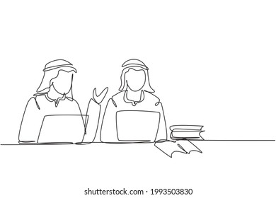 Continuous one line drawing two young Arabian man studying with laptop and pile of books. Back to school, smart students, online education concept. Single line draw design vector graphic illustration