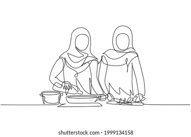 Continuous one line drawing two Arabian woman pouring cooking oil from bottle into frying pan on stove. Prepare food in kitchen. Cooking at home. Single line draw design vector graphic illustration